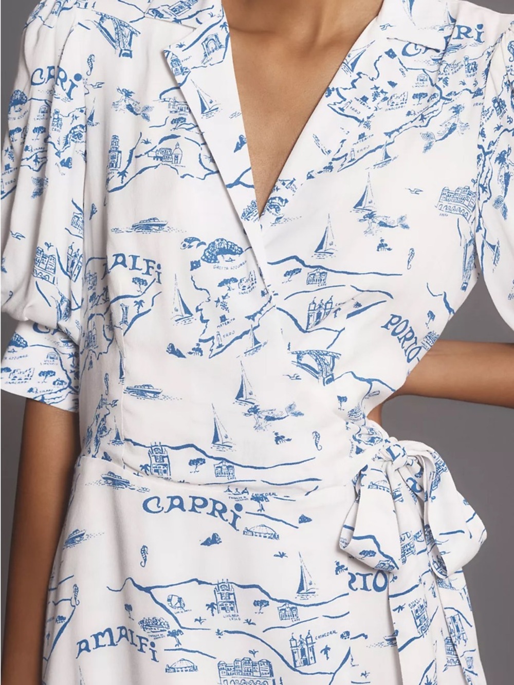 Anthropologie White Mini Wrap Dress with Blue Scenic Motif - Picture 3 of 9